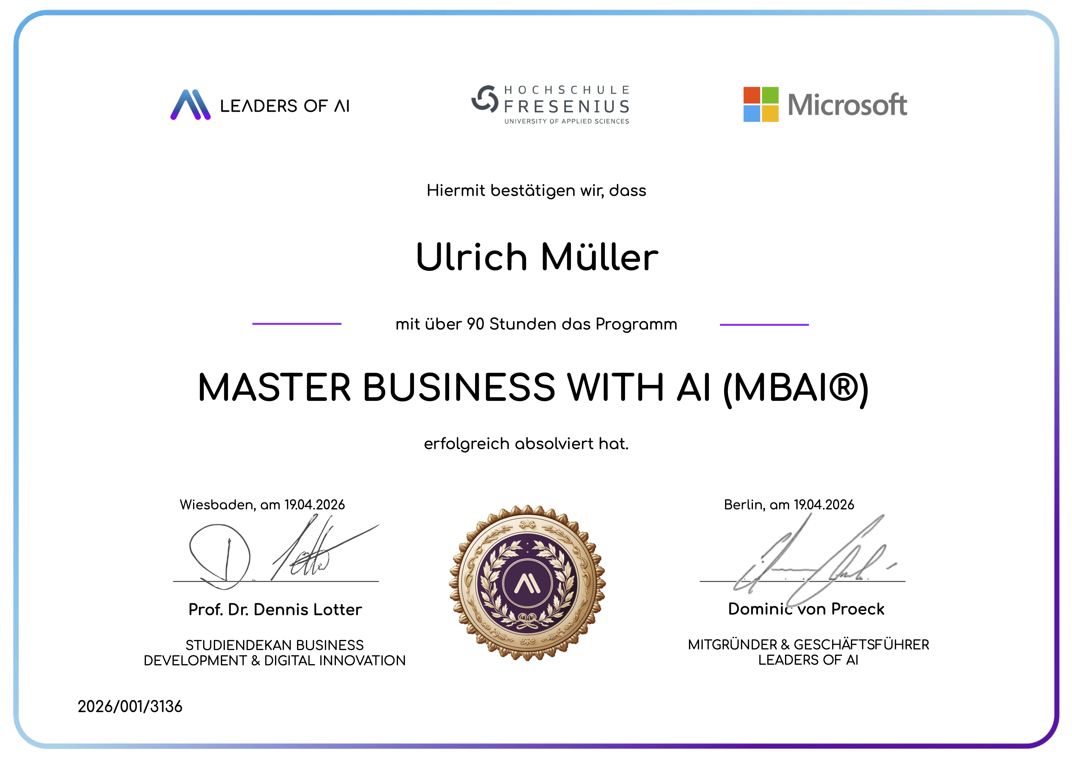 MBAI-Zertifikat — Master Business with AI, Hochschule Fresenius & Leaders of AI, April 2026